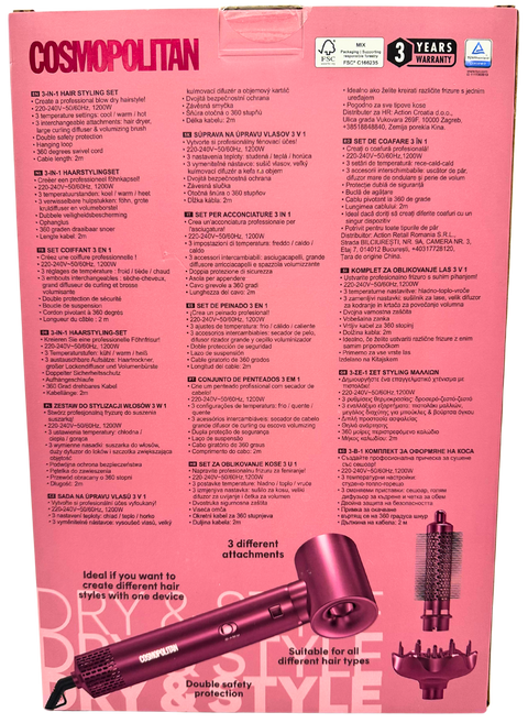 Cosmopolitan 3 in 1 Hair Styling Set (asciugacapelli - spazzola volumizzante - diffusore) 1200W