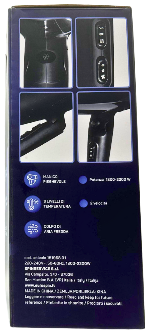 asciugacapelli con manico pieghevole Spinservice 181968.01 da 2200W