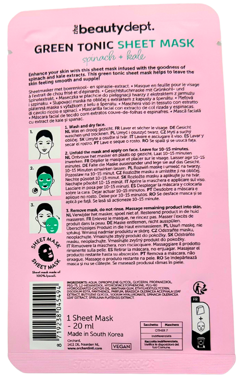 maschera viso tessuto The Beauty Dept. Green Tonic Firming & Smoothing Spinaci + Cavolo riccio
