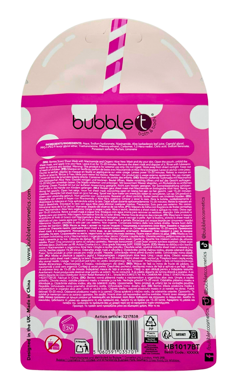 maschera viso in tessuto Bubble T Cosmetics Berries Bubble Tea con Niacinamide & Aloe Vera