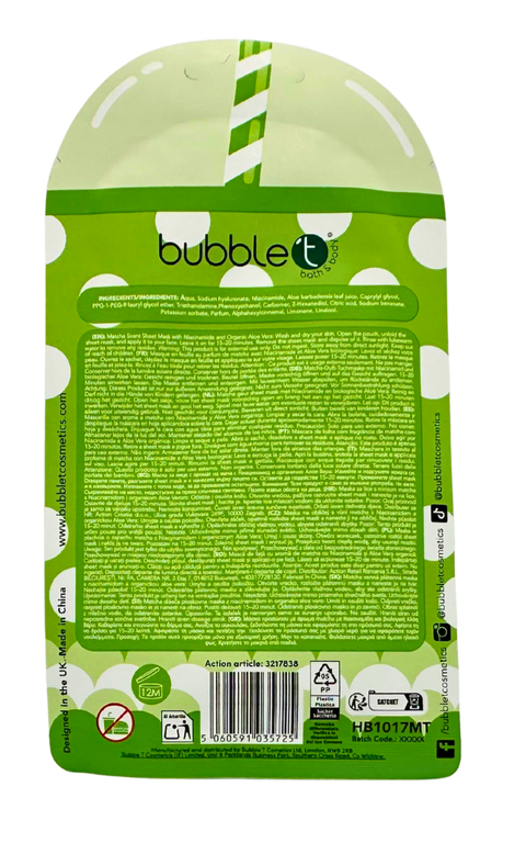 maschera viso in tessuto Bubble T Cosmetics Matcha Bubble Tea con Niacinamide & Aloe Vera