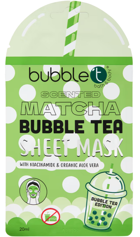 maschera viso in tessuto Bubble T Cosmetics Matcha Bubble Tea con Niacinamide & Aloe Vera