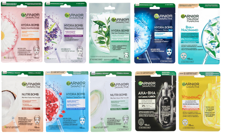 set 10 maschere viso in tessuto Garnier PureActive - SkinActive - Hydra/Nutri Bomb