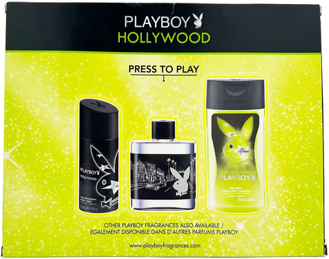 set profumo uomo Playboy HOLLYWOOD Eau de Toilette 100 ml + 24H deodorant body spray + Shower Gel & Shampoo