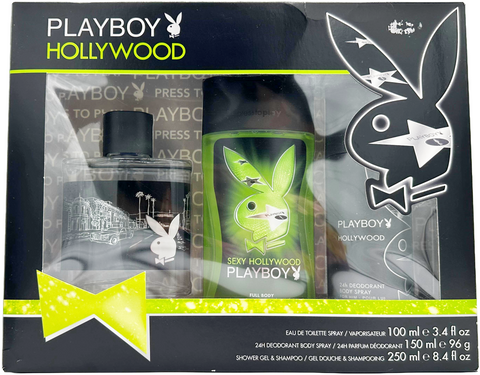 set profumo uomo Playboy HOLLYWOOD Eau de Toilette 100 ml + 24H deodorant body spray + Shower Gel & Shampoo