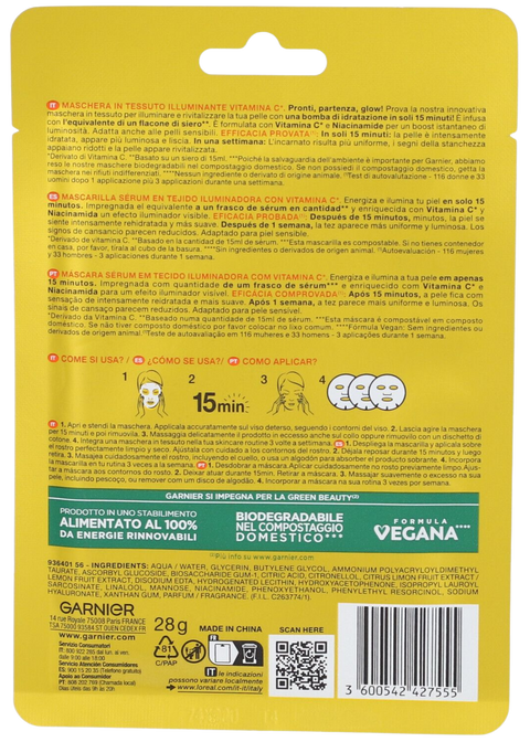 set 10 maschere viso in tessuto Garnier PureActive - SkinActive - Hydra/Nutri Bomb