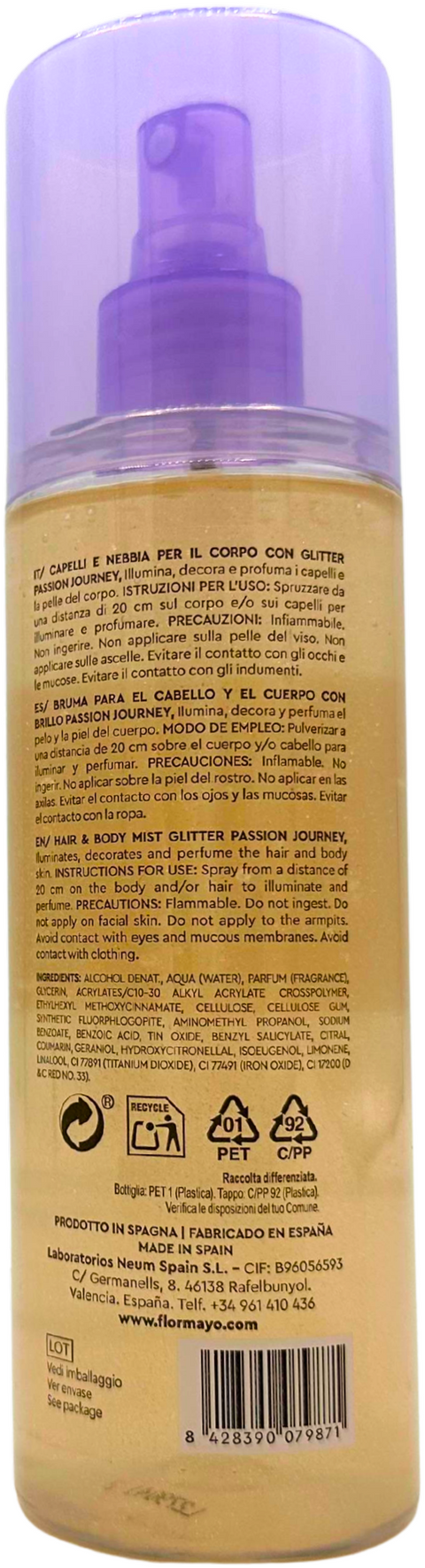 acqua profumata Flor de Mayo PASSION JOURNEY Hair & Body Mist Glitter 250 ml