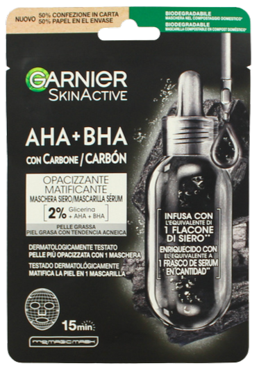 maschera viso in tessuto Garnier SkinActive AHA + BHA con Carbone Opacizzante Matificante