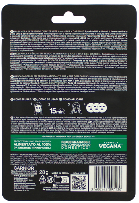 set 10 maschere viso in tessuto Garnier PureActive - SkinActive - Hydra/Nutri Bomb