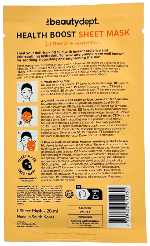 maschera viso in tessuto The Beauty Dept. Health Boost Sheet Mask Curcuma + Zucca