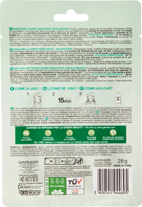 set 10 maschere viso in tessuto Garnier PureActive - SkinActive - Hydra/Nutri Bomb