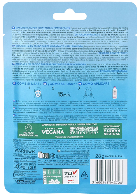 maschera viso in tessuto Garnier SkinActive Hydra Bomb Super Idratante + Rimpolpante