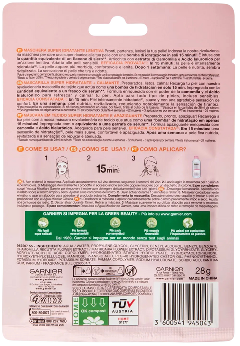 maschera viso in tessuto Garnier SkinActive Hydra Bomb Super Idratante + Lenitiva