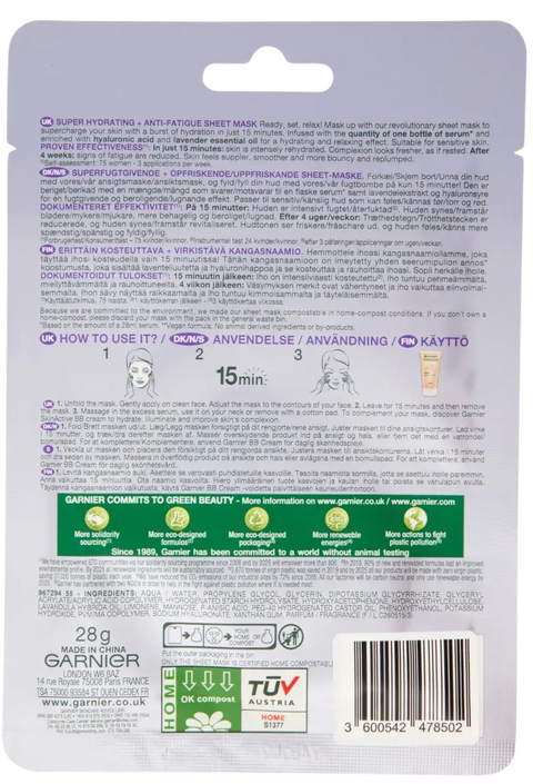 set 10 maschere viso in tessuto Garnier PureActive - SkinActive - Hydra/Nutri Bomb