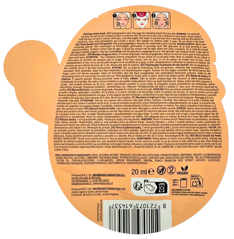 maschera viso in tessuto Natale Maxbrands Softening with Pomegranate Scent