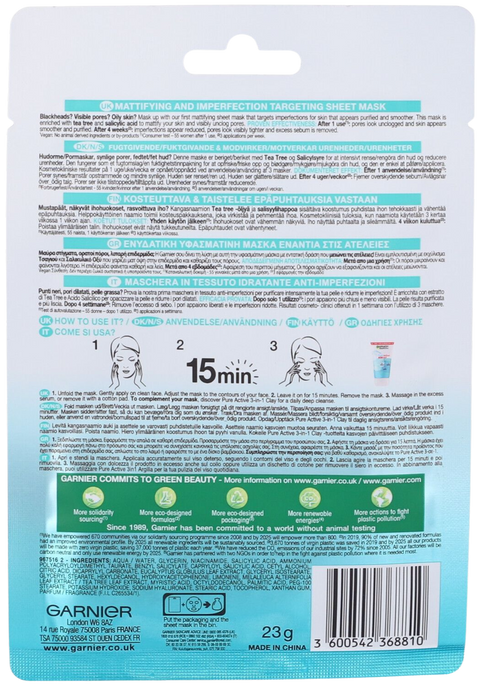 maschera viso in tessuto Garnier PureActive BHA + Niacinamide Anti-Imperfezioni