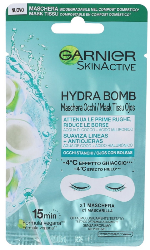 maschera occhi in tessuto Garnier SkinActive Hydra Bomb occhi stanchi con Acqua di Cocco e Acido Ialuronico