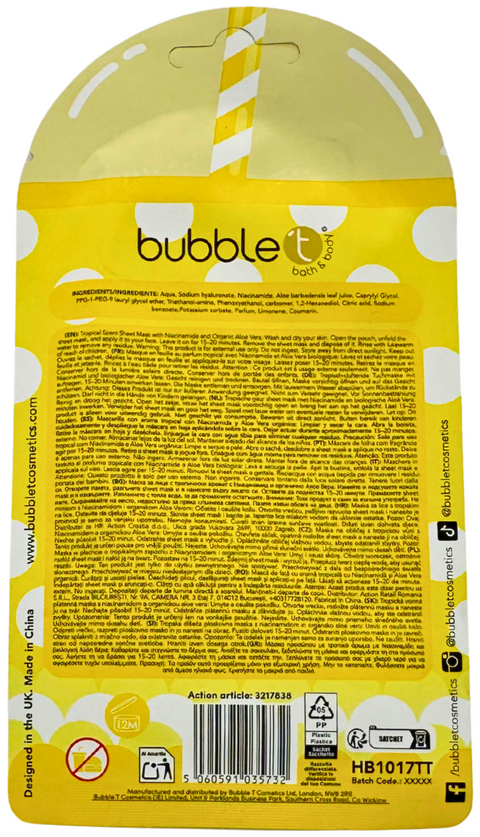 maschera viso in tessuto Bubble T Cosmetics Tropical Bubble Tea con Niacinamide & Aloe Vera