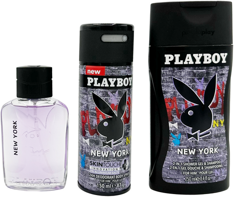 set profumo uomo Playboy NEW YORK Eau de Toilette spray 60 ml + Deodorant Body + Shower Gel
