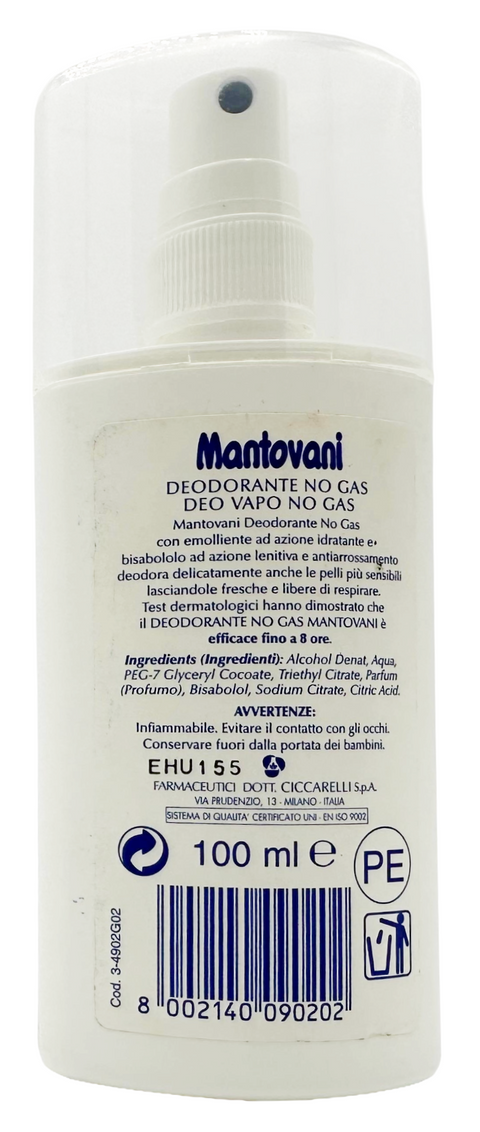 deodorante Mantovani Deo Vapo No Gas per Pelli Sensibili con sostanze emollienti 100 ml
