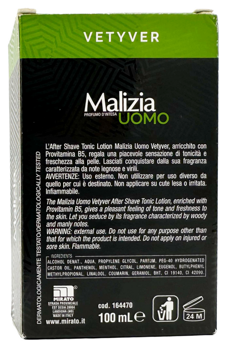 after shave tonic lotion Malizia Uomo profumo d'intesa Vetyver splash 100 ml