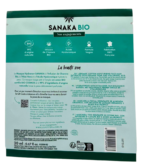 maschera viso in cotone biologico Sanaka Bio con Acido Ianuluronico e Canapa