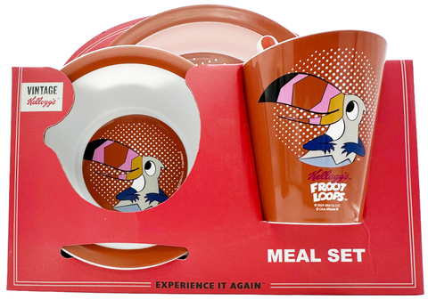 meal set (2 posate + 2 piatti + 1 bicchiere) Vintage Kellogg's FROOT LOOPS